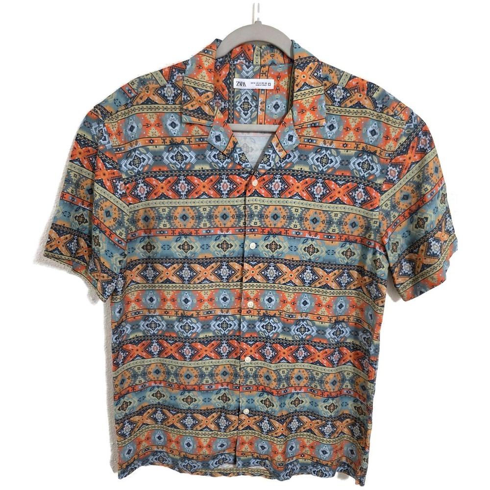 Zara Mens Medium Aztec Geometric Print Short Sleeve Button Casual Shirt Multi